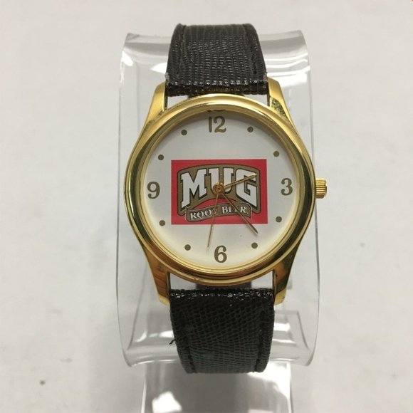 Vintage Mug Rootbeer Promotional Watch Gold Tone Leather Band - Picture 2 of 12